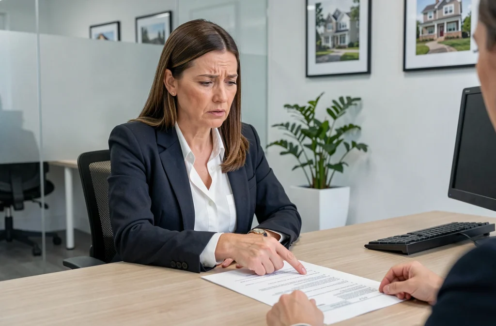 Agent immobilière expliquant une erreur dans un contrat de proposition d'achat maison à son client dans un bureau professionnel