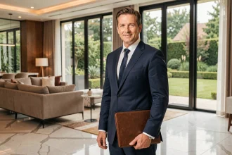 Agent immobilier de prestige en costume dans un salon haut de gamme avec parquet en marbre et grandes fenêtres pour une estimation immobilière