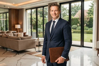 Agent immobilier de prestige en costume dans un salon haut de gamme avec parquet en marbre et grandes fenêtres pour une estimation immobilière