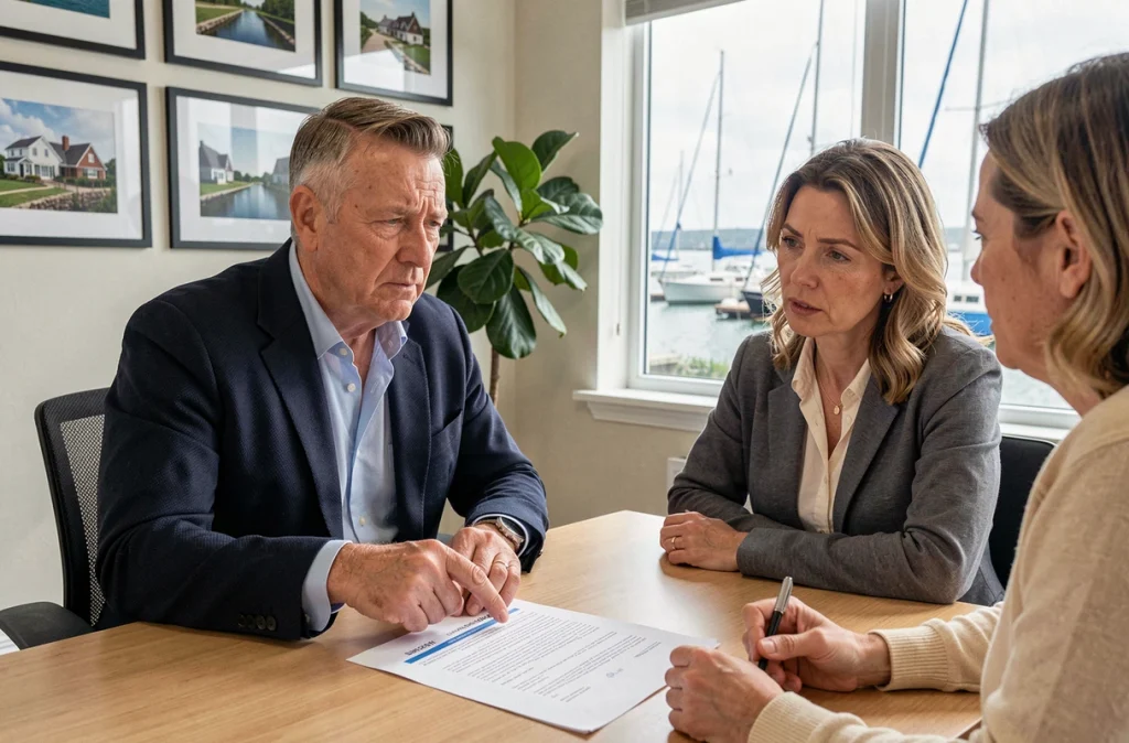 Agent immobilier expliquant les risques réglementaires de la location Airbnb en bord de mer à des propriétaires