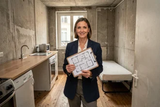 Agent immobilière tenant des plans dans un studio parisien de petite surface avec lit escamotable et kitchenette