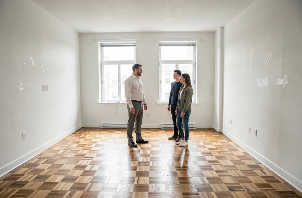 Agent immobilier faisant visiter un appartement vide à un couple de futurs locataires pendant la période de préavis