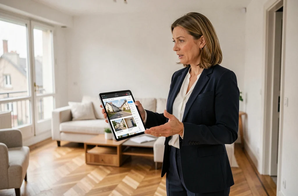Agente immobilière présentant une annonce en ligne sur tablette dans le salon d'une maison à vendre en Île-de-France