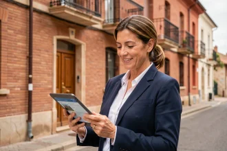 Agente immobilière professionnelle devant un immeuble en briques roses de Toulouse consultant une tablette pour une vente immobilière