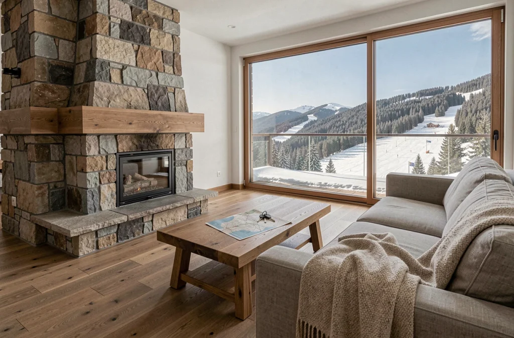 Intérieur d'un appartement de montagne aux Menuires prêt à la vente avec vue panoramique sur les pistes