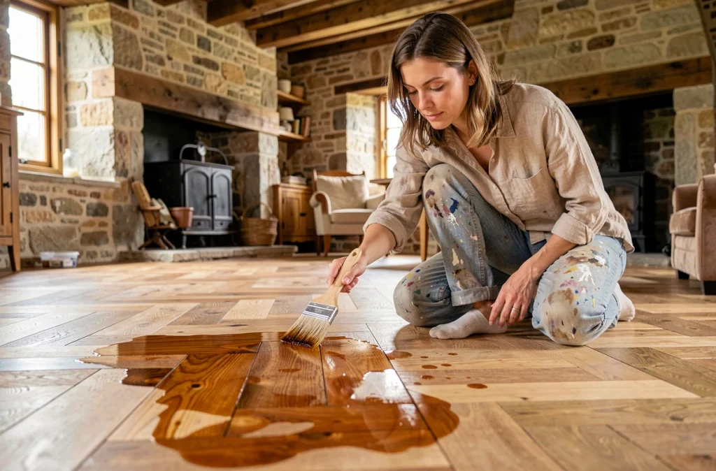 Femme appliquant une lasure sur un parquet en chevrons rénové dans une maison de campagne aux murs en pierre