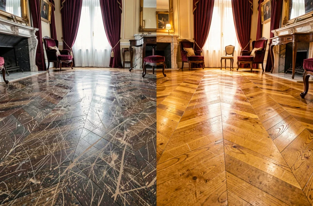 Comparaison avant-après d'un parquet ancien restauré dans un salon bourgeois du XIXe siècle, moitié usée contre moitié rénovée