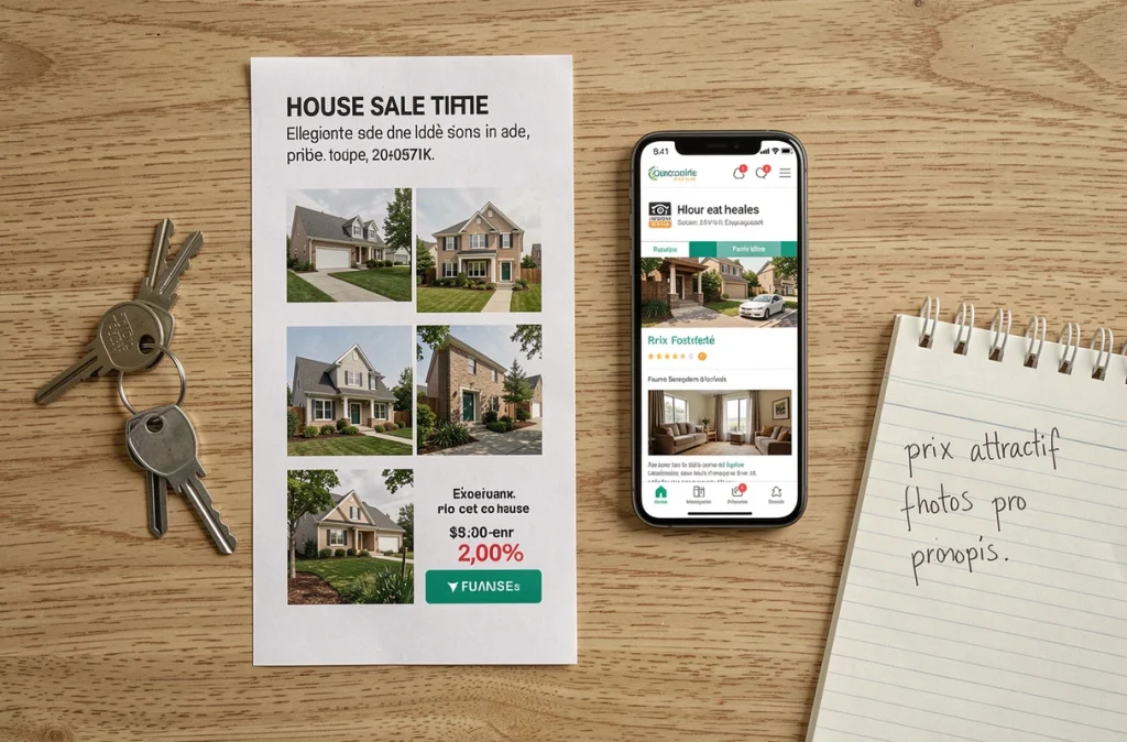 Vue aérienne d'un bureau avec annonce immobilière imprimée, clés de maison, smartphone affichant un site immobilier et notes manuscrites pour vente rapide