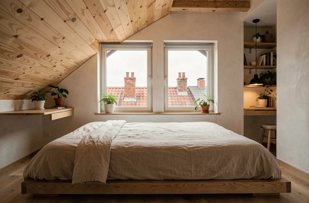Chambre aménagée dans les combles avec lit plateforme, lucarne et vue sur les toits