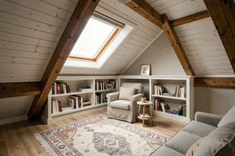 Combles aménagés en salon cosy avec poutres apparentes, bibliothèque intégrée et velux