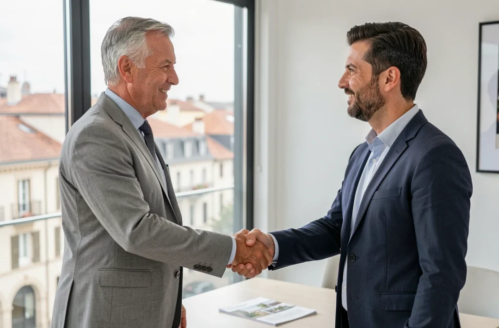 Conseiller immobilier et vendeur se serrant la main dans une agence immobilière moderne à Toulouse après la finalisation d'une vente