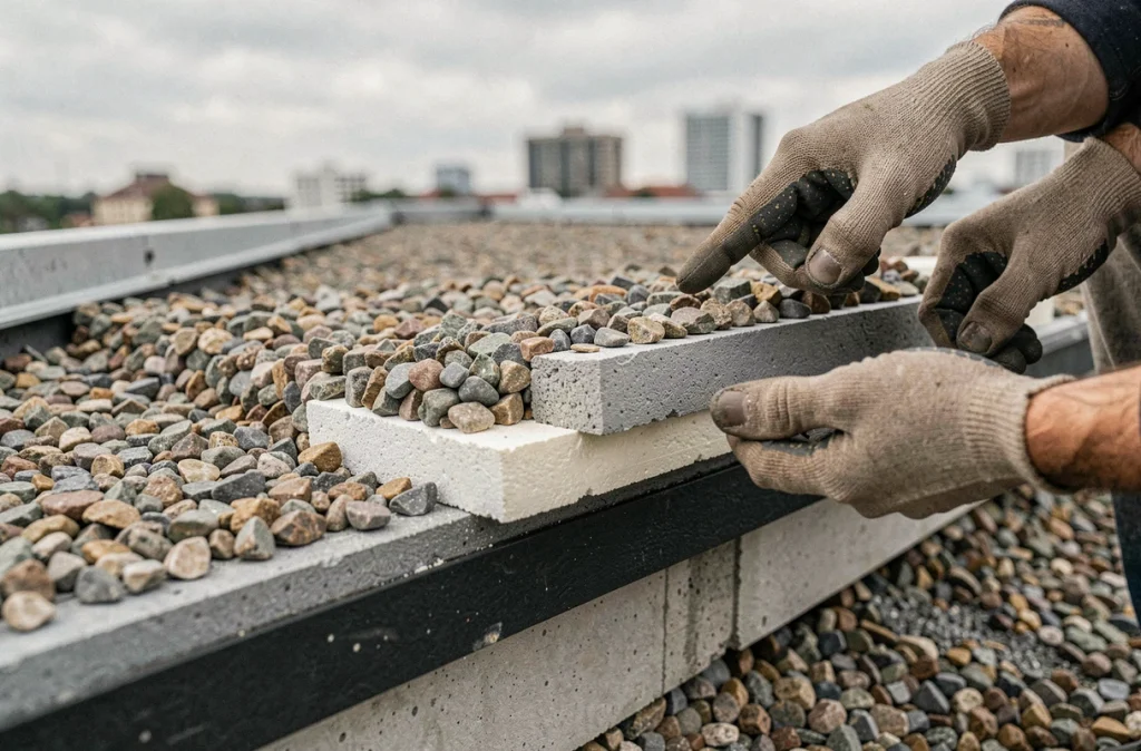 Vue en coupe des différentes couches d'isolation d'une toiture terrasse commerciale avec gravier, polystyrène extrudé et membrane d'étanchéité bitumineuse