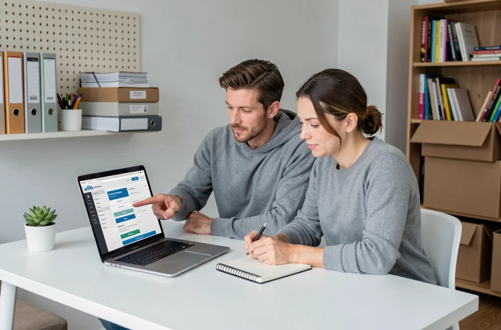 Couple comparant des offres d'assurance habitation sur un ordinateur portable dans un bureau à domicile lors d'un déménagement