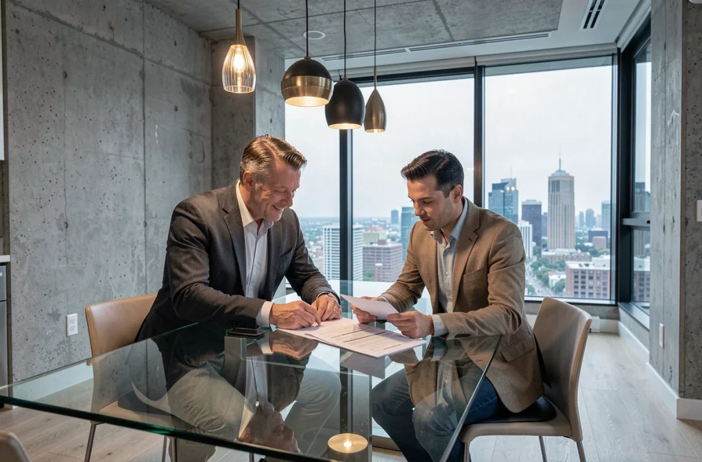 Couple examinant une estimation immobilière dans un appartement moderne de luxe avec vue sur la ville