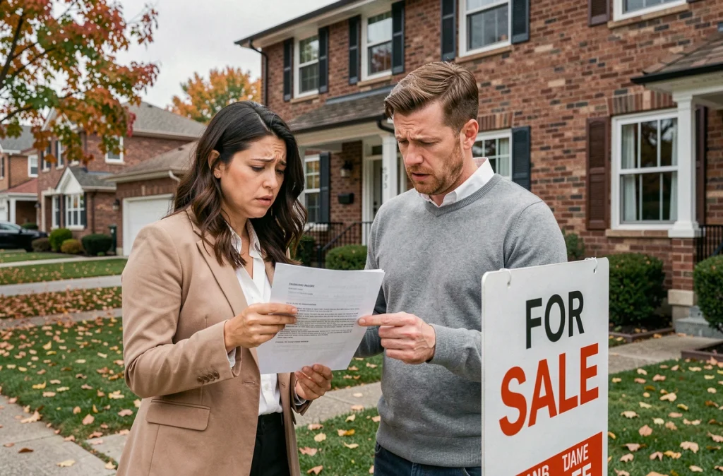 Couple devant une maison à vendre examinant une proposition d'achat immobilier, soulignant les erreurs courantes à éviter lors d'une offre d'achat