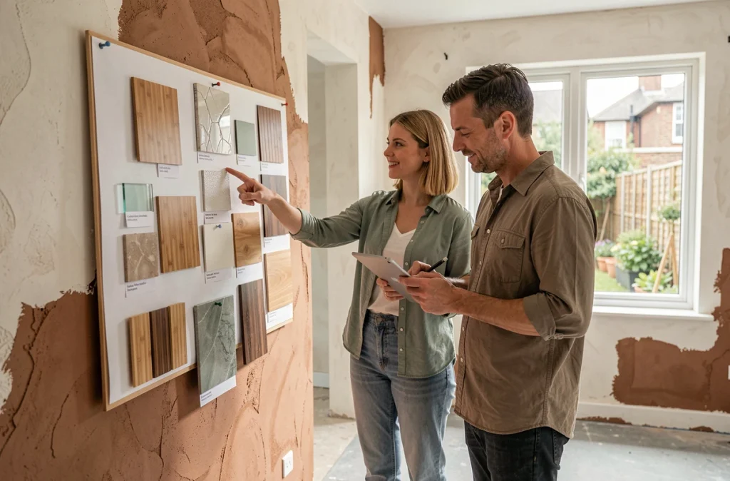 Couple planifiant une rénovation respectueuse de l'environnement avec des échantillons de bambou, carrelage en verre recyclé et enduit en argile naturelle dans leur salon en travaux
