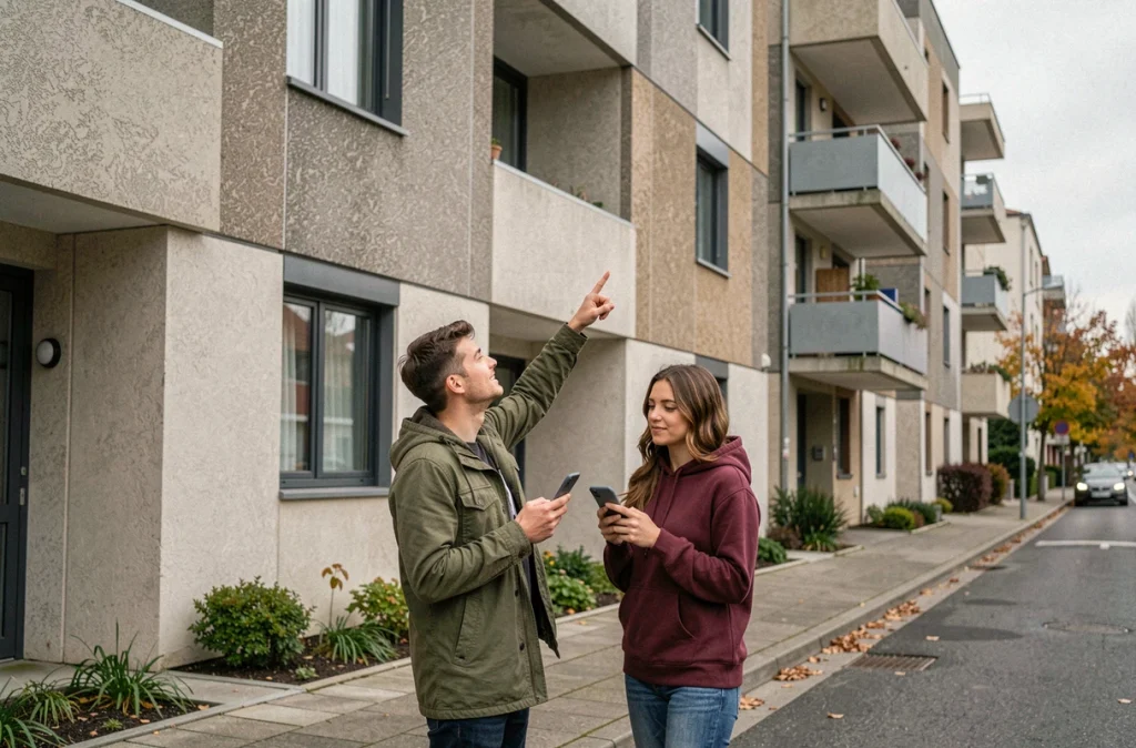 Jeune couple devant un immeuble HLM moderne consultant les annonces de logement social sur smartphone