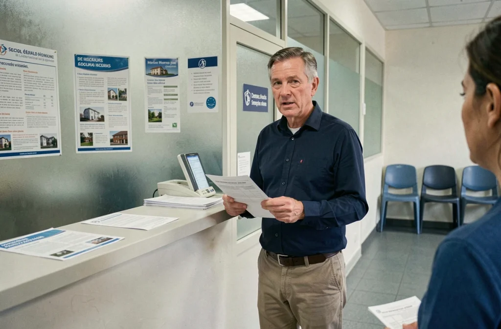 Homme déposant un dossier de demande de logement social dans une agence municipale HLM