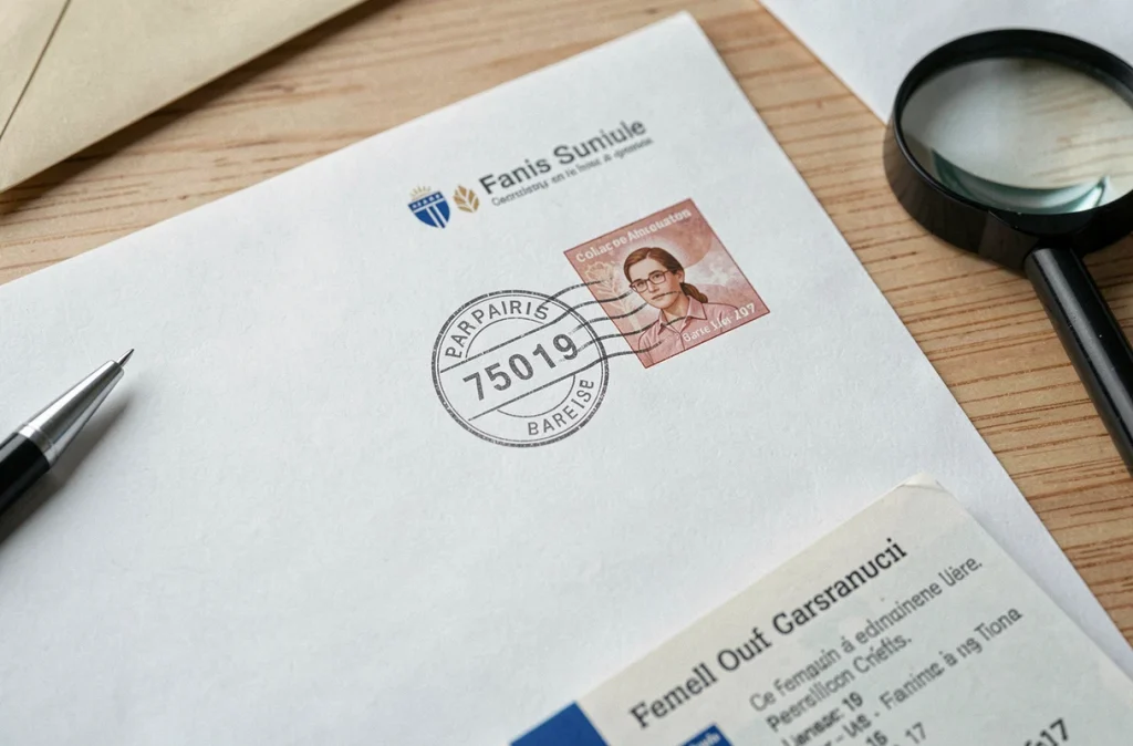 Gros plan sur un courrier officiel avec cachet postal Paris 75019 et loupe pour vérification d'authenticité