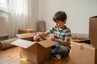 Jeune garçon rangeant ses affaires dans des cartons de déménagement dans une maison presque vide