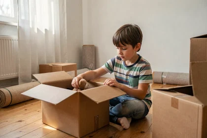 Jeune garçon rangeant ses affaires dans des cartons de déménagement dans une maison presque vide