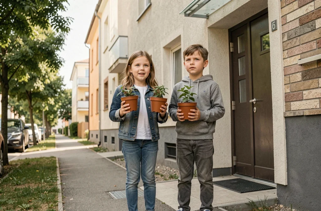 Deux enfants devant leur nouvel immeuble tenant des plantes pour marquer le début d'une nouvelle vie