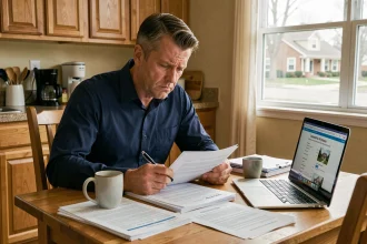 Homme stressé examinant des documents d'offre d'achat immobilier à une table de cuisine, illustrant les erreurs fréquentes dans une proposition d'achat de maison