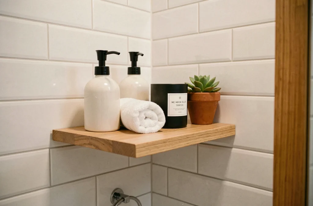 Étagère de salle de bains en bois clair stylisée avec accessoires déco pour moderniser sans travaux