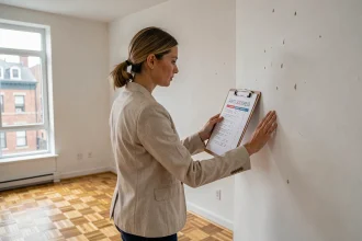 Locataire vérifiant l'état des murs lors d'un état des lieux de sortie d'appartement
