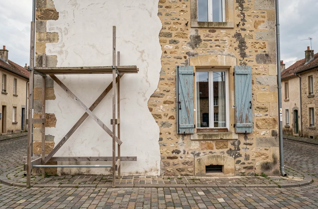 Façade en pierre naturelle en cours de rénovation montrant le contraste avant-après du rejointoiement