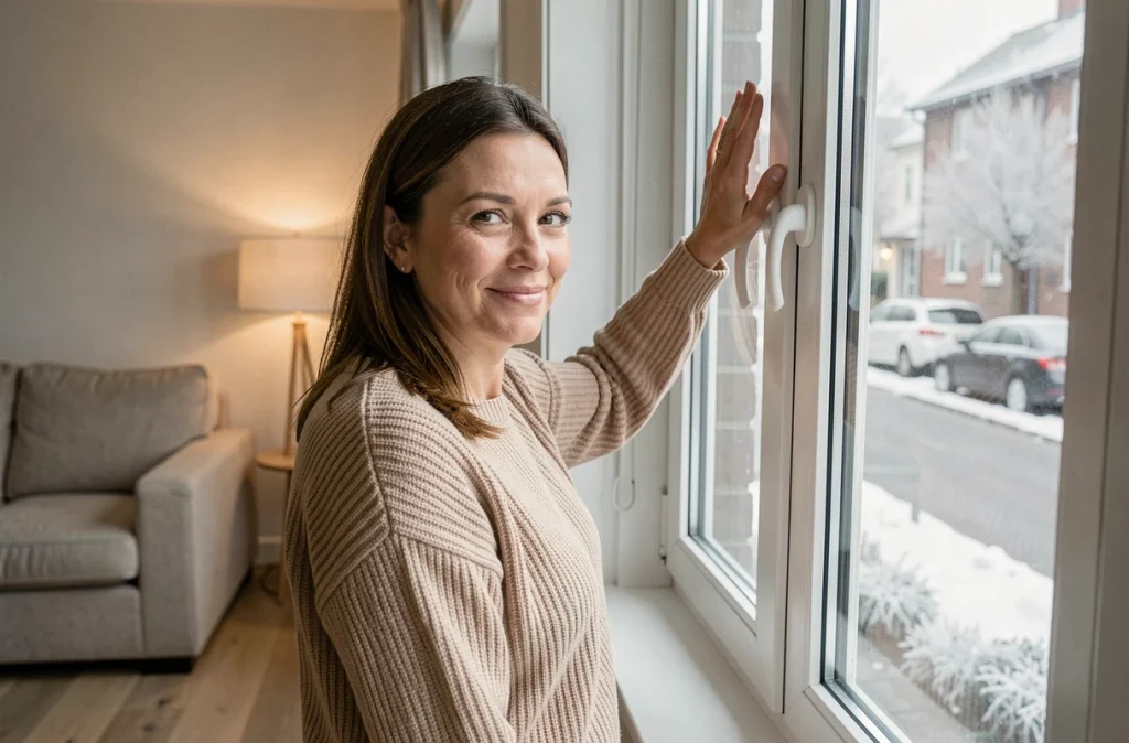 Femme inspectant une fenêtre triple vitrage installée dans un appartement bien isolé en hiver