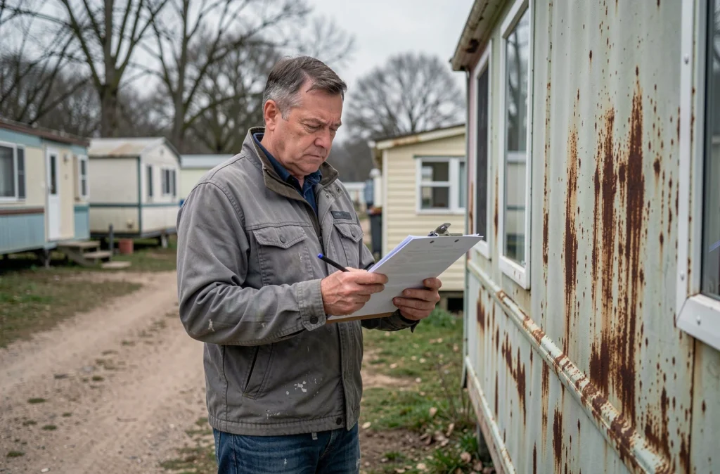Homme examinant des documents administratifs pour la reprise d'un vieux mobil home sur un camping fermé