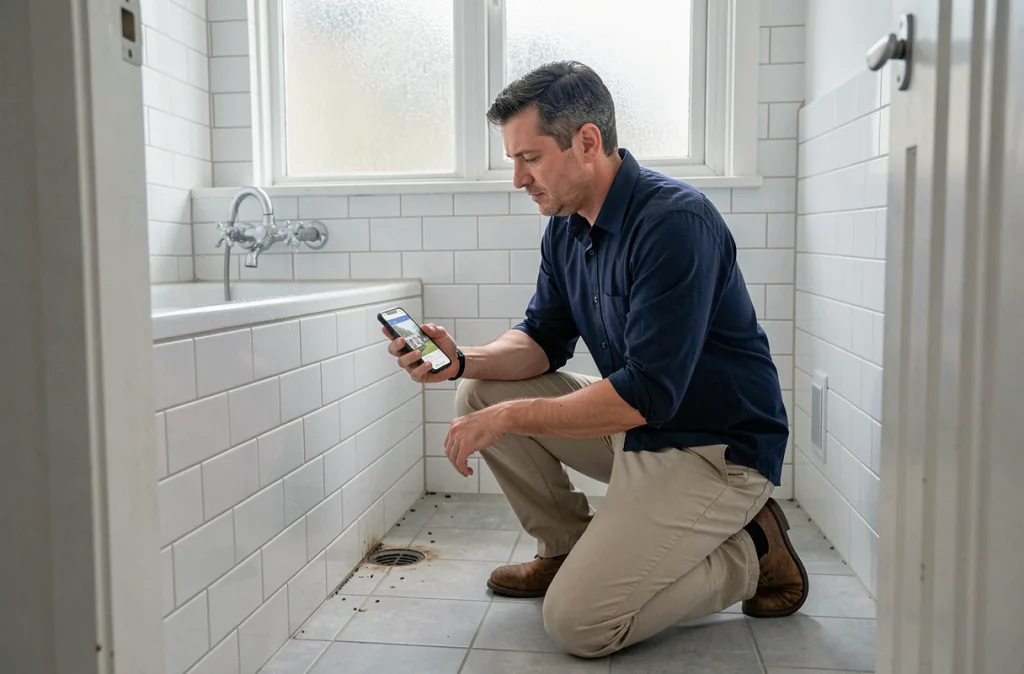 Propriétaire inspectant la salle de bain lors d'un état des lieux de sortie locatif