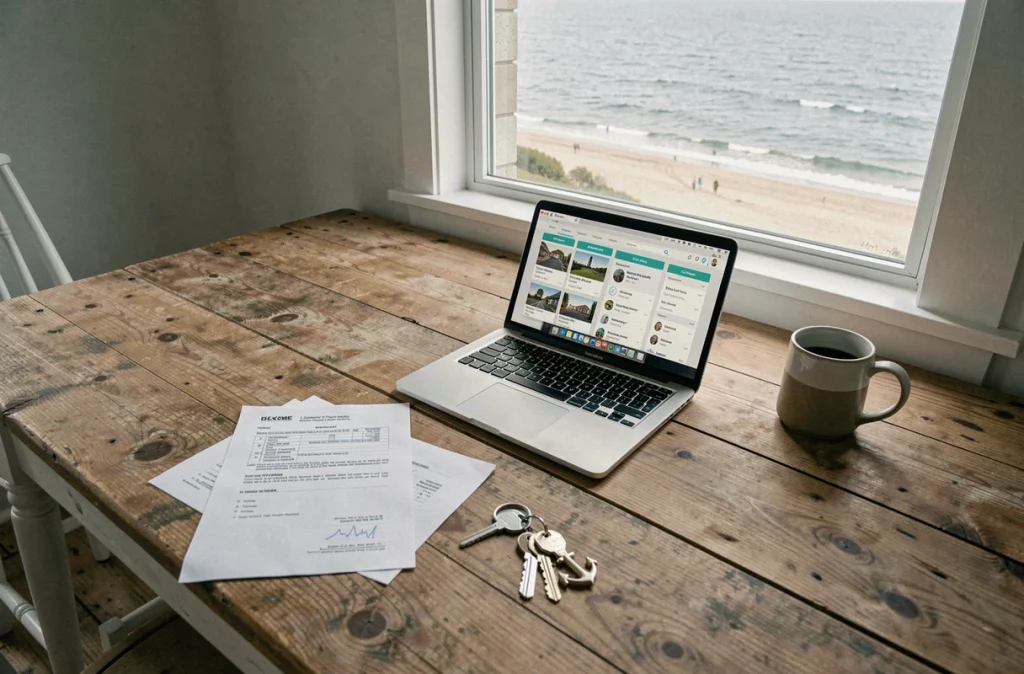 Intérieur d'une location de vacances en bord de mer avec contrat Airbnb, clés et vue sur la mer