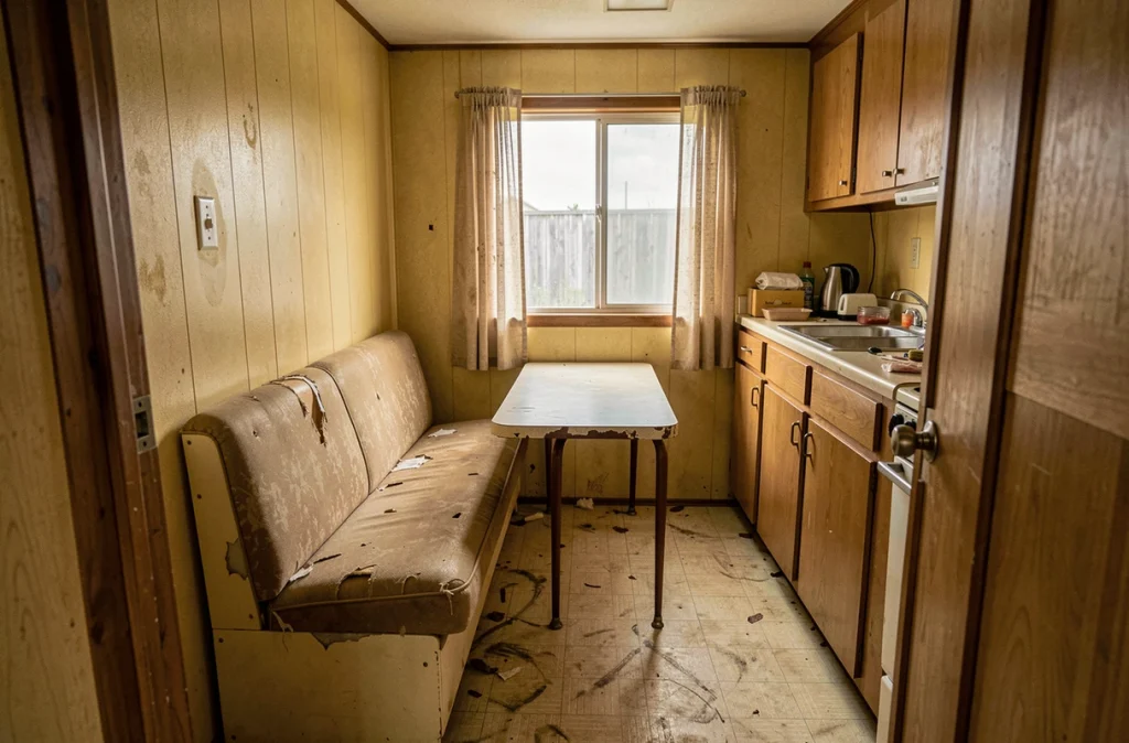 Intérieur délabré d'un vieux mobil home avec mobilier usé et revêtements vieillis avant reprise