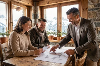 Couple investissant dans l'immobilier de montagne aux Menuires avec un agent immobilier dans un chalet alpin