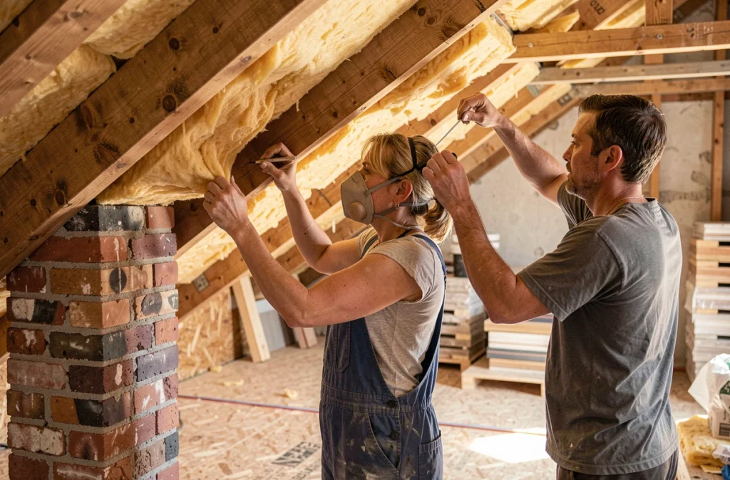 Artisans posant de l'isolation en laine de verre dans des combles en cours de rénovation