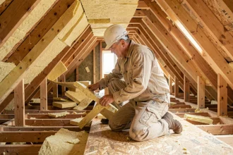 Artisan posant des panneaux isolants en laine minérale entre les chevrons d'une toiture en bois depuis l'intérieur d'un grenier résidentiel