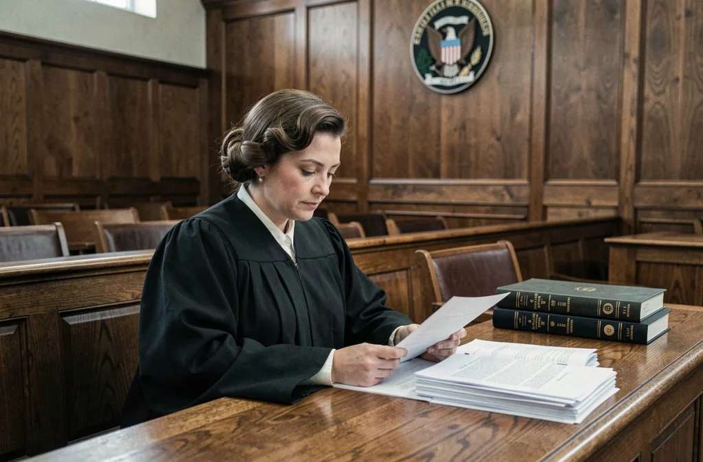 Juge en robe noire examinant un dossier dans une salle d'audience lors d'un litige locatif