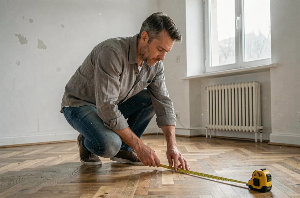 Locataire mesurant la surface au sol d'un appartement vide avec un mètre ruban jaune