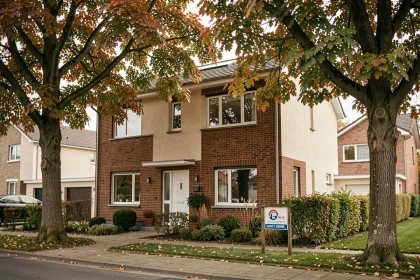 Maison à vendre en Seine-et-Marne avec panneau immobilier dans le jardin, façade en brique et enduit, entourée d'arbres aux feuilles automnales