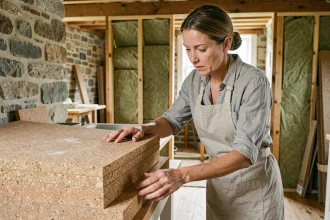 Femme examinant des panneaux isolants en liège naturel dans une cuisine en cours de rénovation écologique avec murs en pierre et planchers en chêne recyclé