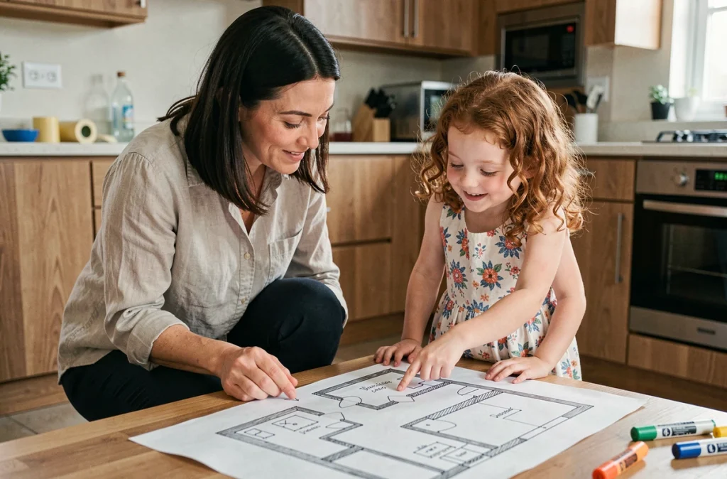 Mère et fille examinant ensemble le plan de leur nouvelle maison avant le déménagement