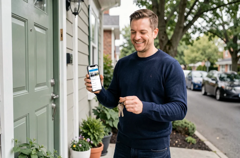Homme souriant sur le seuil de sa nouvelle maison consultant une application d'assurance habitation sur son smartphone avec ses clés en main