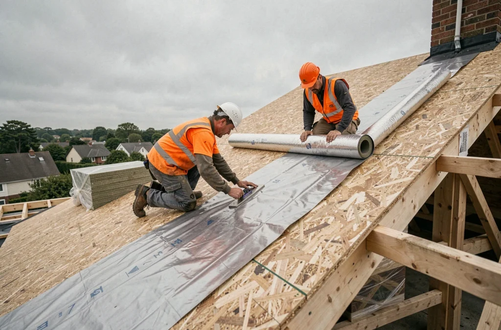 Deux couvreurs professionnels posant une membrane pare-vapeur sur la structure en bois d'une toiture inclinée en chantier extérieur