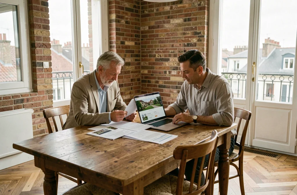 Couple de propriétaires toulousains examinant un dossier de vente immobilière sur table dans un appartement avec murs en briques apparentes