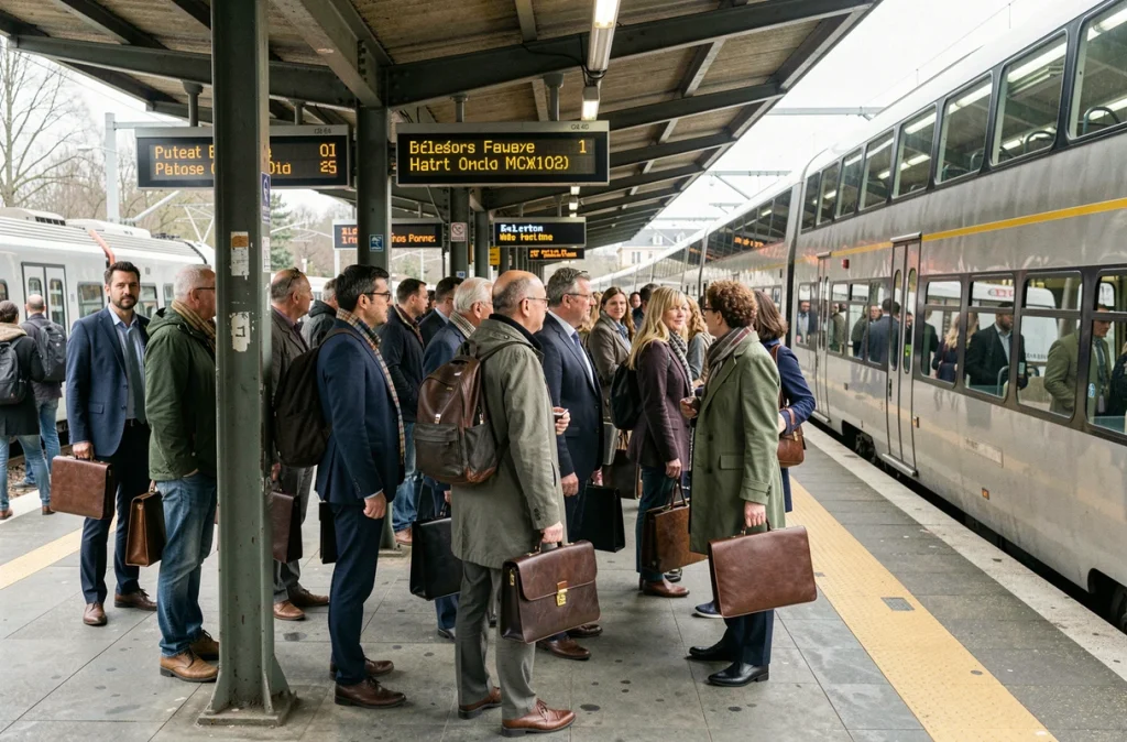Voyageurs attendant le RER sur un quai de gare de banlieue parisienne proche de Nogent-sur-Marne