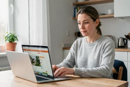 Femme consultant un site de demande de logement social sur son ordinateur portable dans un appartement modeste