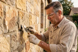 Artisan maçon appliquant du mortier de chaux sur une façade en pierre naturelle lors d'une rénovation