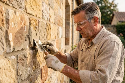 Artisan maçon appliquant du mortier de chaux sur une façade en pierre naturelle lors d'une rénovation